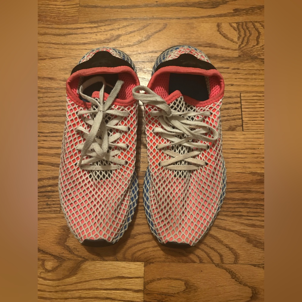 Adidas Women's Sz 6 Blue & Red Deerupt Lace-Up Sneaker/Shoes W/ White Netting